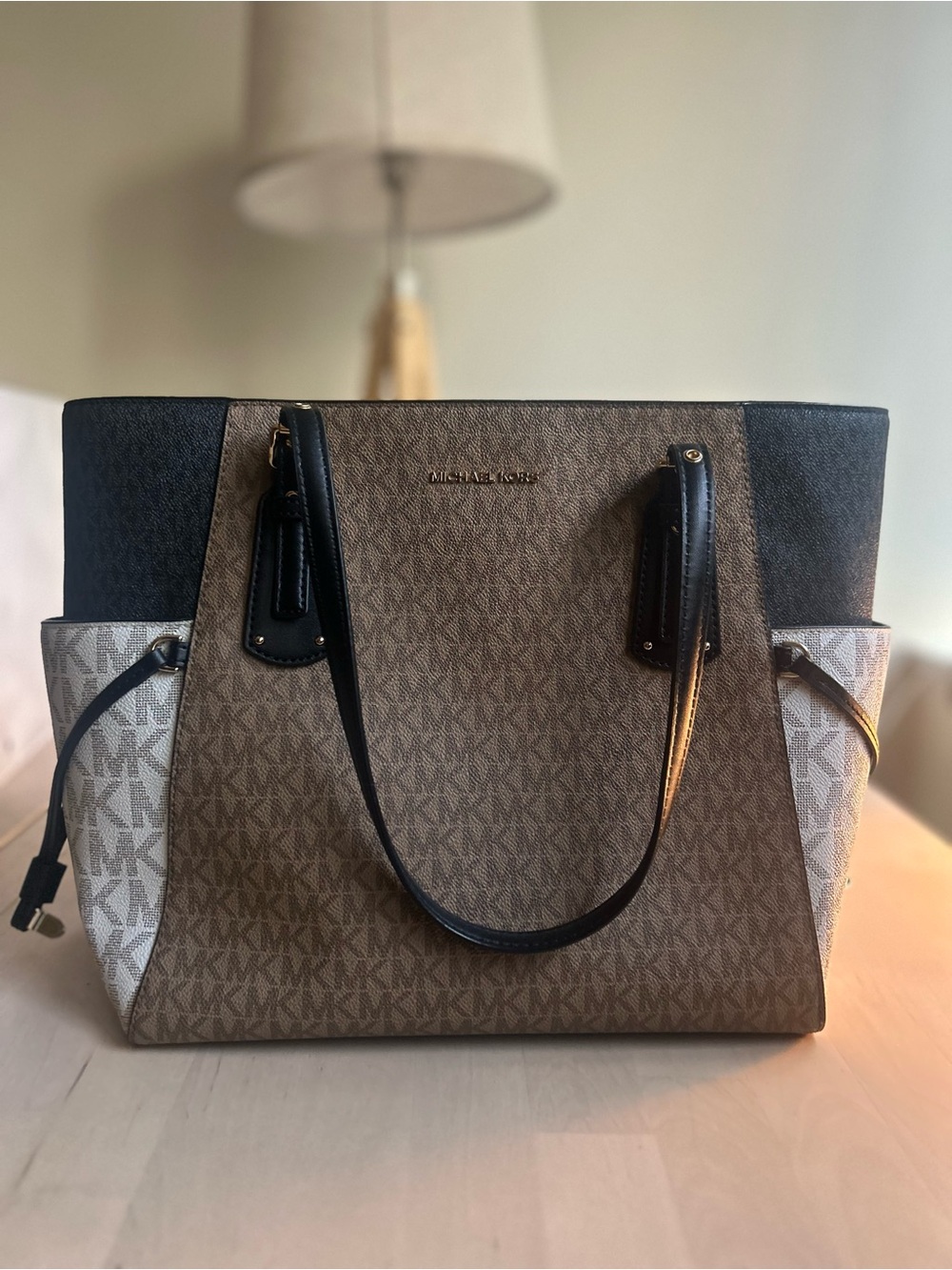 Michael Kors Tri-Tone Logo Tote in Brown, Black & Cream